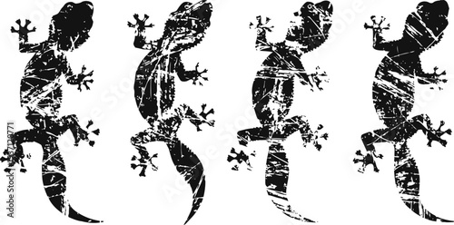 grunge gecko silhouette set four distinct textured lizard designs in black with scratch effect