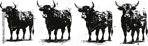 black bull silhouettes standing in a row with shadows on white background