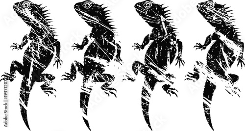 black ink lizard silhouettes four reptile shadows with spiky body details in dynamic poses
