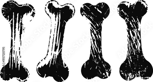 grunge black dog bones silhouettes set four textured bone shapes isolated on white background