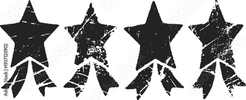 Grunge black stars with rocket tails in distressed style, vintage textured design elements