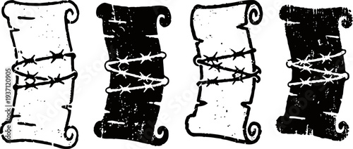 Vintage distressed scrolls wrapped in barbed wire, old parchment design with grunge effect