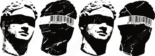 classical statue heads with eyes and mouths covered by barcode tape, concept of identity and consumerism