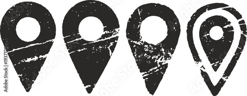 Grunge location pin icons set four different styles of map pointers with distressed texture in black navigation and gps symbols
