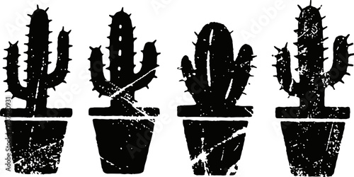 Grunge black cactus silhouettes in pots desert plants set with textured distressed effect