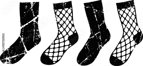 black socks with fishnet pattern and solid toe design, distressed vintage isolated silhouettes