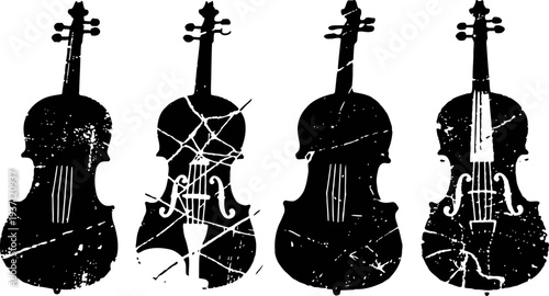 Grunge violins silhouettes set, cracked texture musical instruments on white background