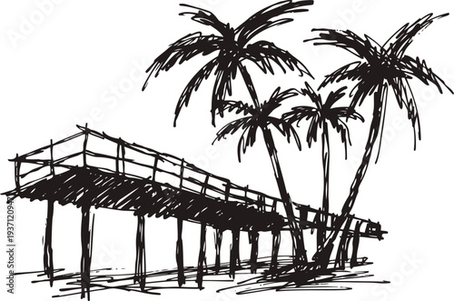 wooden pier extending over water with palm trees nearby in tropical landscape sketch
