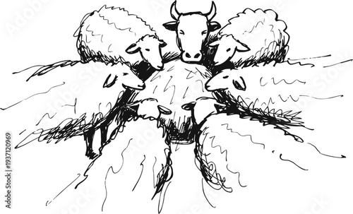 Cow surrounded by sheep grazing together in a pasture farm animals feeding in nature