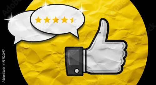 Thumbs up icon with five-star rating on crumpled yellow background.