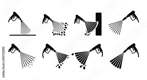 Black and white icons depicting pressure washers cleaning tools and related items