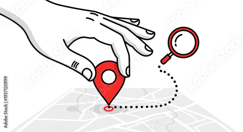 Hand placing red location pin on a map with a magnifying glass.