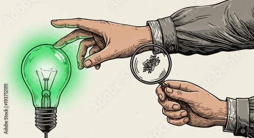 Hand holding magnifying glass examining a bug inside a lightbulb.
