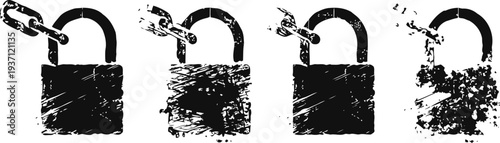 set of four vintage distressed padlock icons with different levels of grunge textures