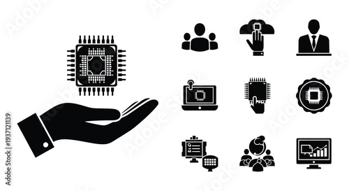 Digital technology icons including microchips hands and data analysis