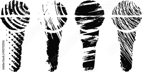 grunge microphone silhouettes set vintage sound equipment in black and white isolated on white background