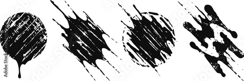 black grunge paint splatters with rough textures and uneven edges isolated on white background