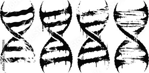 Grunge dna strands set of four abstract genetic helix structure, biology and science concept in black and white