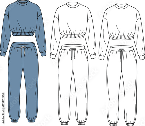 Three women wearing matching blue and white sweatshirt and sweatpants outfits with drawstrings