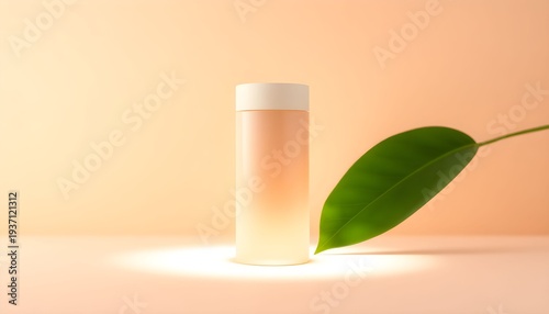 Wallpaper Mural A product photo showcases a frosted bottle with a white cap next to a green leaf on a peach background. Torontodigital.ca