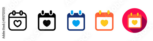 Calendar favorite icon set. Heart-shaped event markers, minimalist date management symbols, and colorful line icons. Flat vector icon illustration