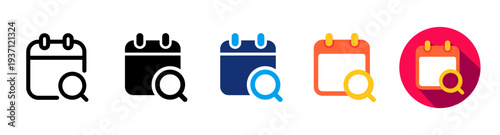 Calendar search icon variations. Magnifying glass schedule finders, minimalist date management symbols, and colorful line icon set. Flat vector illustration