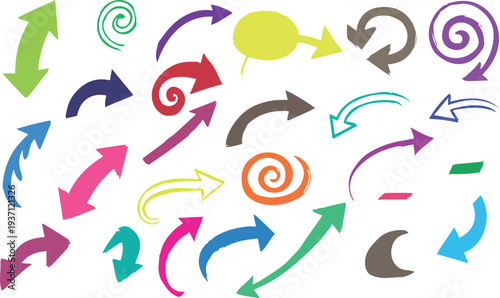 A colorful collection of arrows and spirals in various directions and shapes on a white background for design and navigation purposes