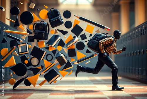 Student running through a school hallway surrounded by flying books and shapes. Creative educational concept for fast-paced learning and academic success.
