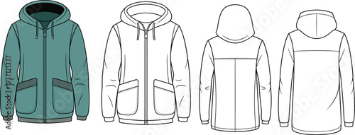 Four Hooded Jackets with Pockets and Zippers in Different Colors and Views teal white