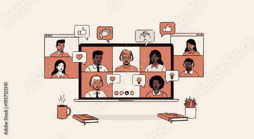 Remote team members connect on video call with diverse faces and emoticons on screen