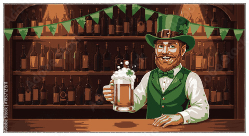 Jolly bearded man in green attire and hat holding a foamy beer mug behind a wooden bar with bottles on shelves and green bunting