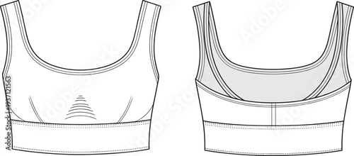 Two diagrams of a white bra with different structural and dotted lines indicating seams and adjustments