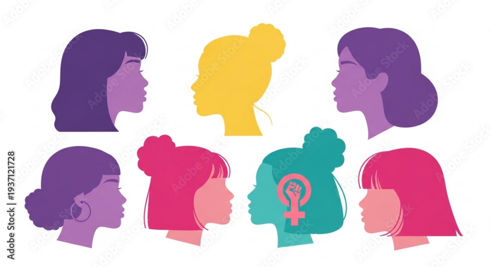 Fototapeta premium Women silhouette profiles in diverse colors on white background 