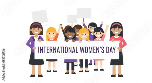 Women celebrating International Women's Day with signs and smiles  