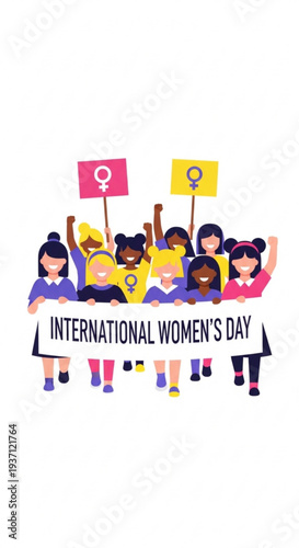 Group of women celebrating International Women's Day with signs  