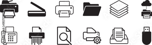 Printing and scanning documents printer icon set. Office equipment thin line vector symbols collection.