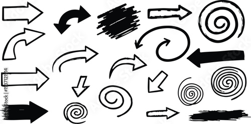 Collection of hand drawn arrows and swirl shapes in black on white background