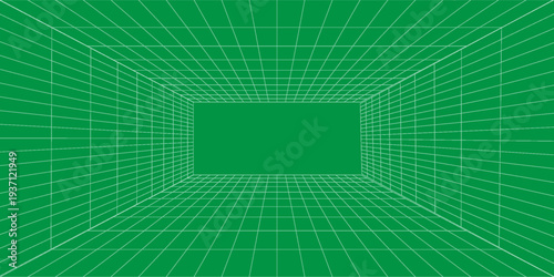 Futuristic perspective grid box. Abstract wireframe with white grid line on black background. Virtual reality landscape in 80s 90s digital style. Vector