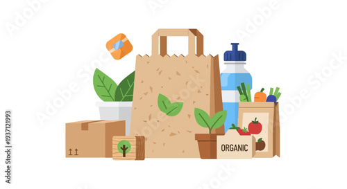 Sustainable Living Concept: Eco-Friendly Groceries, Organic Products, and Zero Waste Lifestyle Elements Illustration