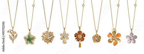 Luxury floral gold pendant collection with eight unique handcrafted flower necklaces, gemstones and diamonds, botanical jewelry