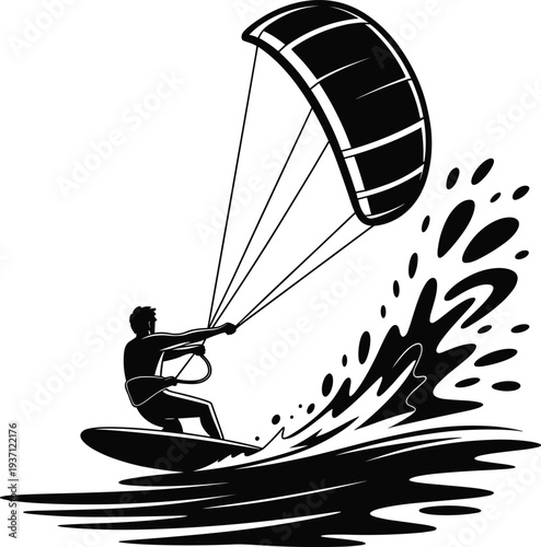 Kite surfing silhouette, extreme water sport, ocean wave rider, surfboard action, coastal adventure, sea recreation, beach lifestyle, wind power, thrill