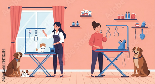 Two women grooming dogs at pet salon with tools and supplies