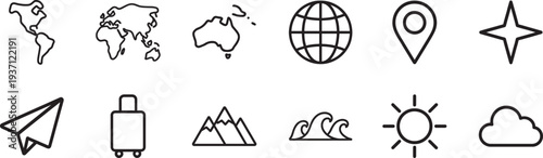 Silhouette continents outline icon set. World map geography thin line vector symbols collection.