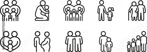 Happy young family icon set. Parents and children thin line vector symbols for love, home, and parenting. 