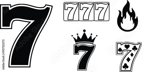 Lucky number seven silhouette icons, casino gambling vector illustration, slot machine jackpot design elements, crown flame card symbols collection