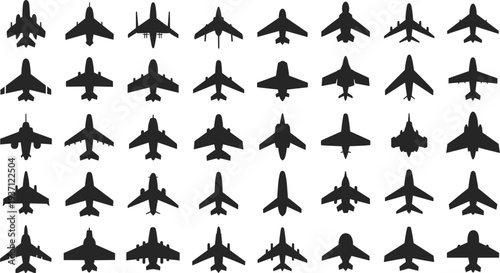 Collection of 35 military aircraft silhouettes viewed from above, showcasing diverse wing and tail designs, ideal for aviation recognition, education, and modeling projects