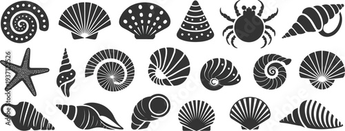Black Sea Shell Silhouette Icon Set Featuring Various Ocean Snail Shells Starfish And Crab Graphics
