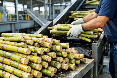 Quadro su tela Fresh sugarcane stalks rest on a conveyor belt