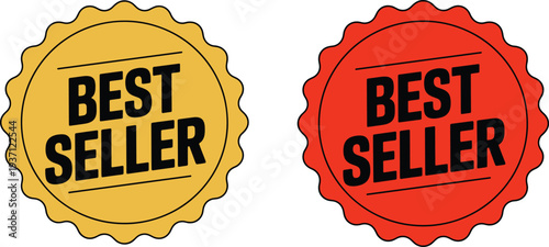 Best Seller Badges Yellow and Red Circles with Starburst Edges Isolated on White Stock Graphics