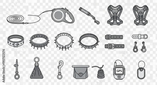 Collection of various dog walking and pet accessories on a transparent background